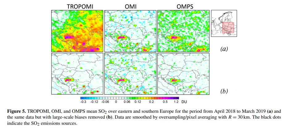 Example of mean SO2 columns for TROPOMI OMI and OMPS over several regions (Fioletov et al., 2020).