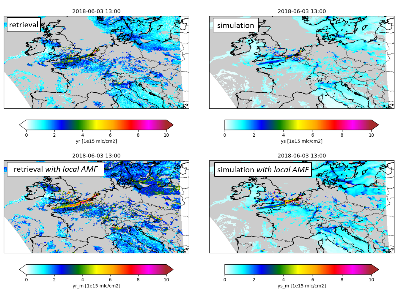 Retrievals and simulations with and without airmass factor correction.